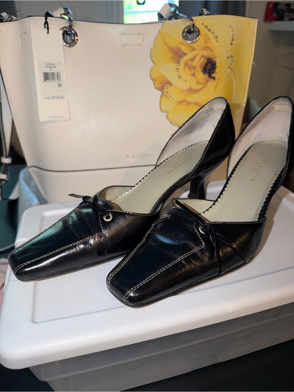 Liz Claiborne Black Leather Square-Toe Heels with Bow Accent